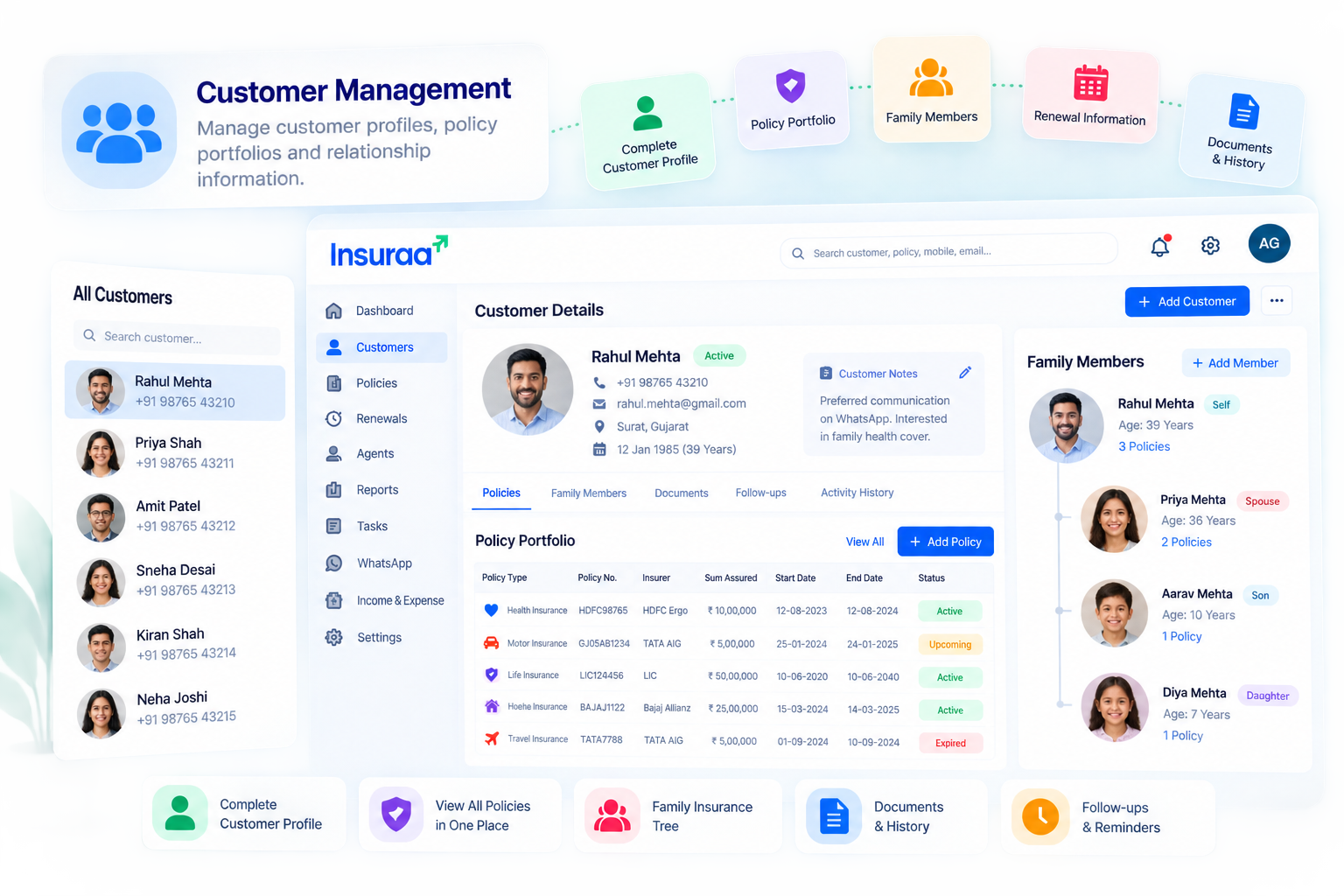 Insuraa customer management software for insurance agencies with policy portfolios and family management